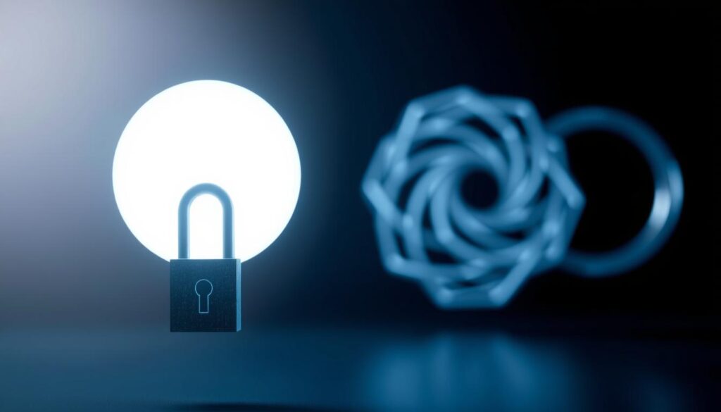 A symmetric encryption key floating in the foreground, with an asymmetric encryption key in the background. The symmetric key is represented as a glowing, translucent sphere, while the asymmetric key is depicted as a complex, interlocking geometric shape. The two keys are positioned in a yin-yang arrangement, symbolizing their complementary yet distinct roles in data protection. The scene is set against a dark, moody backdrop, with soft, directional lighting illuminating the keys and creating a sense of depth and mystery. The overall composition conveys the contrast and relationship between these two fundamental encryption techniques.