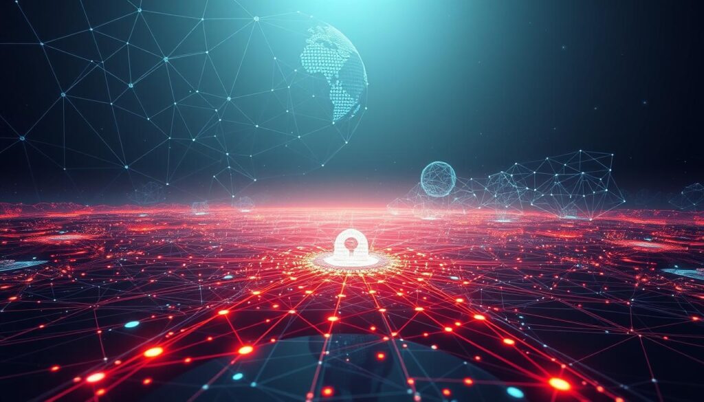 Secure Your Data with Post-Quantum Encryption 1 A vast, futuristic landscape of overlapping geometric shapes and wireframe structures, representing the complex algorithms and data flows of post-quantum cryptography. In the foreground, a central nexus of pulsing, multicolored nodes and interconnected lines, conveying the intricate mathematical principles that underpin this advanced encryption technology. The middle ground features abstract, holographic-like visualizations of quantum computing phenomena, hinting at the computational power required to break traditional encryption. The background is a dimly lit, almost ethereal environment, with subtle gradients and soft lighting, creating a sense of mystery and technological advancement. The overall scene evokes a sense of innovation, security, and the cutting edge of cryptographic science.