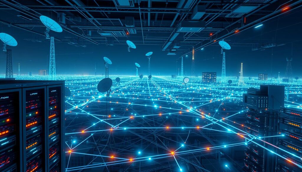 Private Internet Access: Safeguard Your Online Privacy 5 A vast global network of interconnected servers, their locations scattered across continents, forming a seamless digital infrastructure. Glowing cables and pulsing lights weave an intricate tapestry, illuminating the reach and resilience of this network. Sleek server racks stand sentinel, their precision-engineered components harnessing the power of modern technology. Overhead, a sweeping vista of satellite dishes and communication towers, their parabolic forms casting dramatic shadows. The scene is bathed in a cool, technical palette, conveying a sense of order, efficiency, and global connectivity. This is the backbone of a secure, private internet, serving as a bulwark against the uncertainties of the digital age.