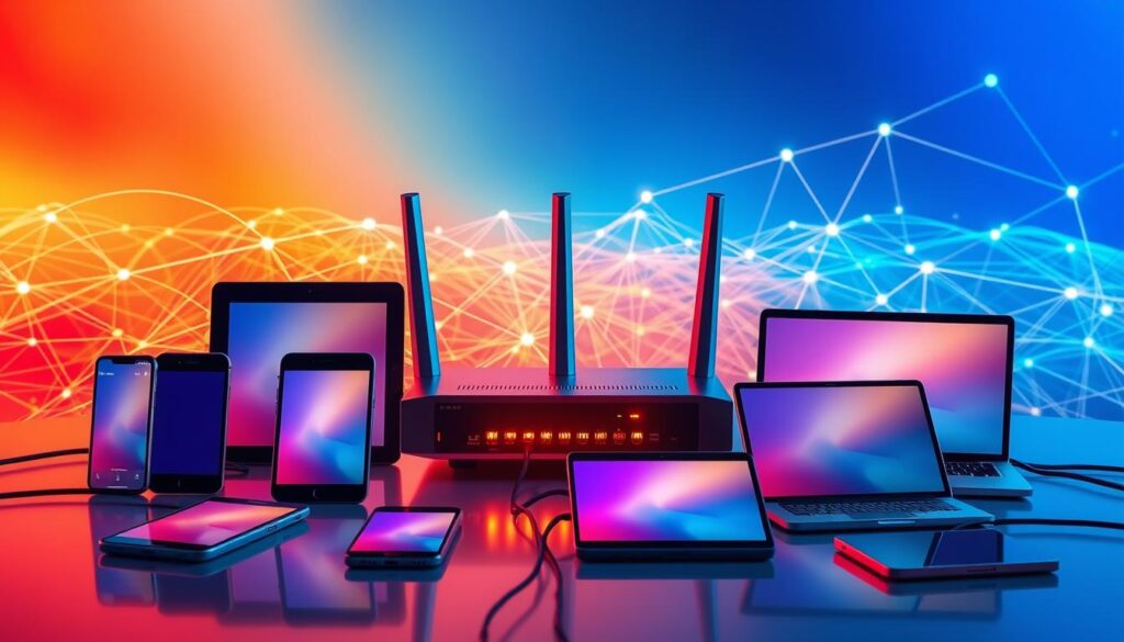 A vibrant and dynamic scene depicting multiple devices connected seamlessly, representing the concept of "unlimited simultaneous connections." In the foreground, an array of modern smartphones, tablets, and laptops are arranged in a striking, visually appealing manner, their screens emanating a soft, warm glow. The middle ground features a sleek, futuristic network router, its various ports and indicators pulsing with activity, symbolizing the backbone of the interconnected system. In the background, a vivid, abstract landscape of interconnected lines and geometric shapes, representing the expansive, borderless nature of the digital realm. The lighting is sharp and directional, casting dramatic shadows and highlights, creating a sense of depth and dimensionality. The overall composition conveys a sense of harmony, efficiency, and the boundless possibilities of modern, multi-device connectivity.