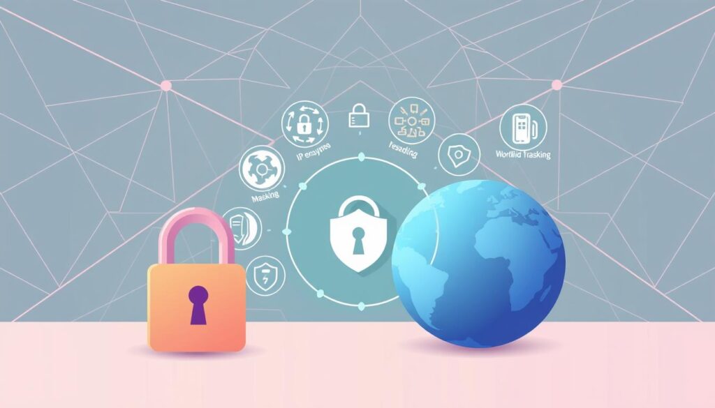 A vibrant, colorful illustration depicting the key benefits of using a virtual private network (VPN). In the foreground, a secure lock icon and a globe represent the enhanced privacy and access to worldwide content. In the middle ground, a series of icons illustrate the benefits such as data encryption, IP address masking, and secure browsing. The background features a layered pattern of intersecting lines and geometric shapes, creating a sense of security and connectivity. The overall composition is sleek, modern, and visually appealing, effectively conveying the advantages of utilizing a VPN. Rendered in a clean, minimalist style with a soft, muted color palette.