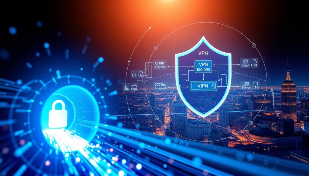 A vibrant illustration depicting the encryption process of a virtual private network (VPN). In the foreground, a secure data transmission is visualized, with digital packets flowing through a secure tunnel, surrounded by a shimmering blue aura. In the middle ground, a detailed schematic of the VPN protocol, including encryption algorithms and key exchange mechanisms, is rendered in a technical, yet visually striking manner. The background showcases a cityscape, representing the internet landscape, with the VPN's protective shield enveloping the scene, shielding the user's online activities from prying eyes. The lighting is soft and atmospheric, conveying a sense of privacy and security, while the camera angle provides a dynamic, three-dimensional perspective to the overall composition.