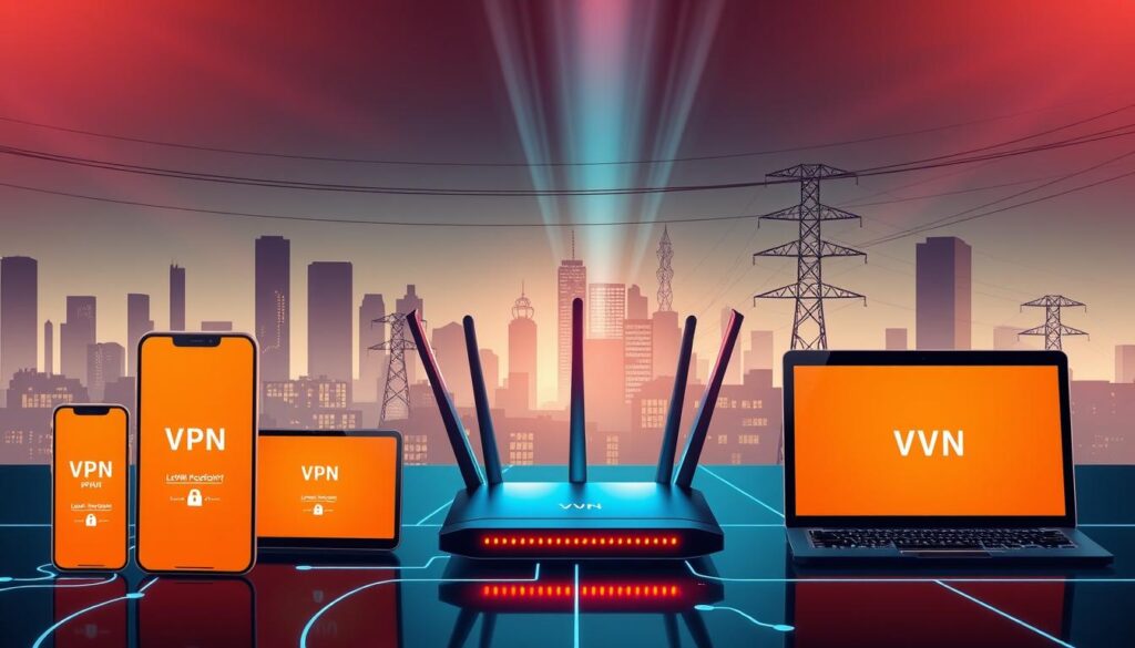 A vibrant, panoramic scene showcasing a diverse array of digital devices seamlessly connected by a virtual private network. In the foreground, a smartphone, laptop, and tablet display VPN connection indicators, their screens illuminated with a warm, pulsing glow. In the middle ground, a sleek, modern router stands as the central hub, its LED lights blinking in a rhythmic pattern. The background features a stylized cityscape, skyscrapers and power lines receding into the distance, symbolizing the widespread coverage and protection of the VPN. Subtle rays of light pierce through, casting a sense of security and reliability over the entire composition. The overall mood is one of technological sophistication, digital interconnectivity, and comprehensive device-level VPN safeguards.