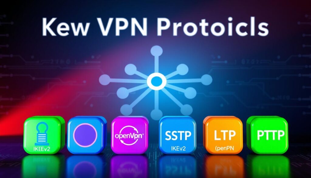 A vibrant, technical diagram showcasing the key VPN protocols. In the foreground, distinct icons representing IKEv2, OpenVPN, SSTP, L2TP/IPsec, and PPTP protocols. In the middle ground, a sleek, futuristic network diagram with interconnected nodes and data streams. The background features a minimalist, gradient backdrop with subtle technical gridlines, conveying a sense of digital connectivity and secure information exchange. Dramatic, directional lighting highlights the protocols, creating depth and emphasizing their unique characteristics. The overall aesthetic is a balance of informative clarity and visually striking design.