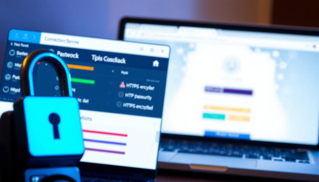 A well-lit, close-up view of a computer desktop showcasing a secure virtual private network (VPN) service interface. The foreground features a padlock icon, a dashboard displaying connection status and server locations, and a security checklist. The middle ground shows a laptop screen with an HTTPS-encrypted website login page, emphasizing the privacy and protection provided by the VPN. The background subtly depicts a network diagram, underscoring the technical infrastructure supporting the VPN's security measures. The lighting is soft and warm, conveying a sense of trust and reliability in the VPN's ability to safeguard user data and passwords on HTTPS sites.