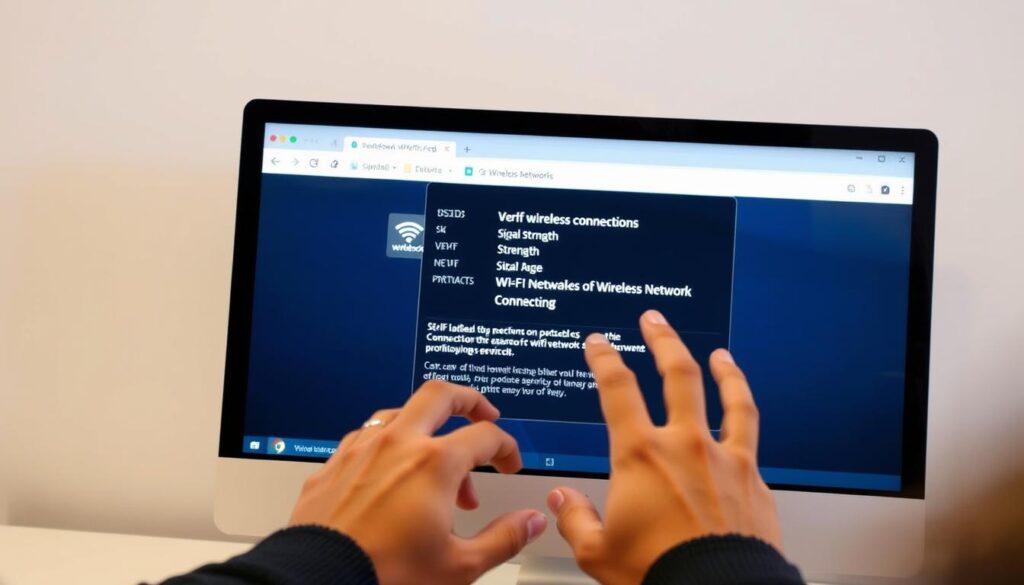 A well-lit computer screen displaying a user interface for verifying a wireless network connection. The screen shows network information such as the SSID, signal strength, and security protocol, indicating that the user is confirming the legitimacy of the Wi-Fi network before connecting. The user's hands are visible, interacting with the interface, conveying a sense of caution and diligence in ensuring online safety. The overall scene is calm and focused, with a clean, modern aesthetic that reflects the importance of securing one's digital activities, especially on public Wi-Fi.