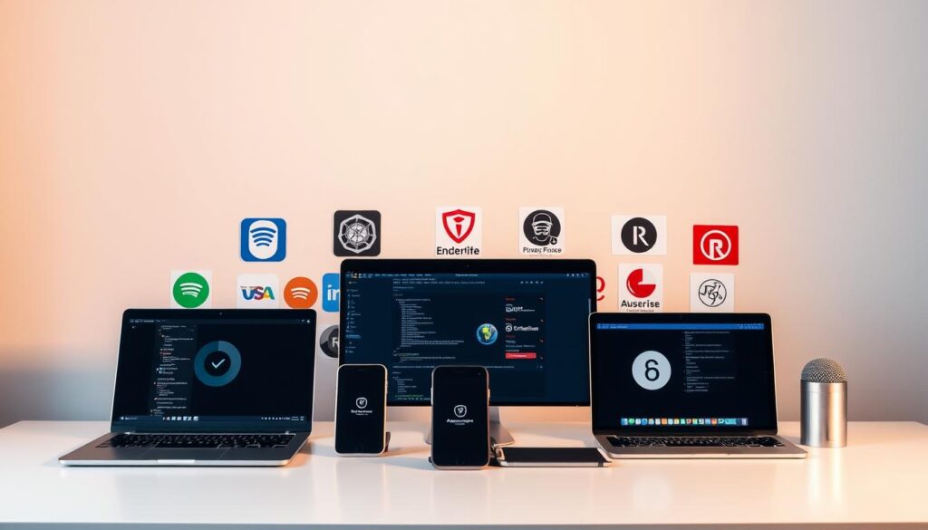 A well-lit, detailed comparison of various privacy tools arranged on a clean, minimalist desk. In the foreground, an array of digital devices - a laptop, smartphone, and tablet - representing the tools users may rely on for anonymous browsing. In the middle ground, a selection of privacy-focused software, including VPN clients, secure messaging apps, and anonymous web browsers, depicted with their logos and icons. The background features a soft, neutral color palette, emphasizing the serious, functional nature of the scene. The lighting is warm and directional, casting subtle shadows that add depth and dimensionality to the composition. The overall mood is one of professionalism, practicality, and a commitment to digital privacy and security. A well-lit, detailed comparison of various privacy tools arranged on a clean, minimalist desk. In the foreground, an array of digital devices - a laptop, smartphone, and tablet - representing the tools users may rely on for anonymous browsing. In the middle ground, a selection of privacy-focused software, including VPN clients, secure messaging apps, and anonymous web browsers, depicted with their logos and icons. The background features a soft, neutral color palette, emphasizing the serious, functional nature of the scene. The lighting is warm and directional, casting subtle shadows that add depth and dimensionality to the composition. The overall mood is one of professionalism, practicality, and a commitment to digital privacy and security.
