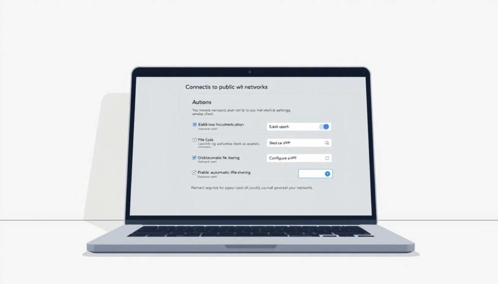 A well-lit, high-resolution illustration showcasing a laptop or tablet screen displaying a settings panel for connecting to public Wi-Fi networks. The panel should include clear options for enabling two-factor authentication, disabling automatic file sharing, and configuring a VPN. The scene should have a clean, modern aesthetic with muted colors and subtle shadows to emphasize the device interface. The overall mood should convey a sense of security and control over the user's online privacy on public networks.