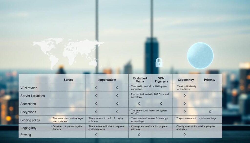 A well-lit, high-resolution image showcasing a comparison table of key VPN provider criteria. In the foreground, a clean, organized table displays categories like server locations, encryption, logging policy, and pricing. In the middle ground, abstract network diagrams and globe icons symbolize the global reach and security features of VPNs. The background features a soft, blurred cityscape, hinting at the importance of online privacy and protection in an increasingly digital world. The overall tone is informative and authoritative, guiding the viewer through the essential considerations for choosing a reliable VPN service.