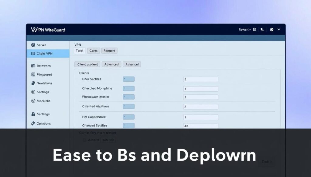 A well-lit, high-resolution interface displaying a WireGuard VPN configuration panel. The sleek, modern design features a clean dashboard with intuitive controls and toggles. Prominently displayed are options for server selection, client management, and advanced settings. The background is a subtle gradient, conveying a sense of depth and professionalism. The overall interface exudes simplicity and user-friendliness, befitting the "Ease of Use and Deployment" section of the article.