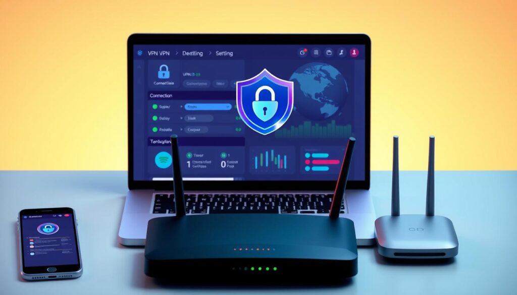 A well-lit, isometric illustration of a modern VPN setup, featuring a laptop, mobile device, and router in the foreground. The laptop screen displays a VPN connection dashboard with customizable settings, connection status, and data usage metrics. In the middle ground, a transparent VPN protocol icon hovers, symbolizing the secure data tunneling. The background depicts a cityscape, hinting at the global reach and privacy provided by the VPN service. The overall scene conveys a sense of control, connectivity, and digital security.