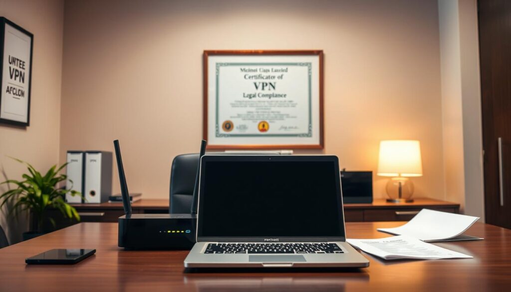 A well-lit office interior with a desk, laptop, and legal documents. On the desk, a VPN router and a privacy-focused laptop providing a secure internet connection. The wall behind the desk displays a framed certificate of VPN legal compliance, conveying trust and legitimacy. Warm lighting and a sense of professionalism create an atmosphere of responsible digital privacy. The composition emphasizes the importance of VPN usage within a professional, regulated environment.