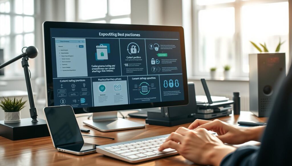A well-lit office workspace with a desktop computer, smartphone, and various digital devices arranged neatly on a wooden desk. In the foreground, a person's hands are typing on the keyboard, showcasing practical techniques for managing online privacy settings and content sharing controls. The middle ground features informative diagrams and infographics related to internet security best practices. The background subtly depicts a serene, minimalist interior design with large windows letting in natural light, creating a calm and focused atmosphere.