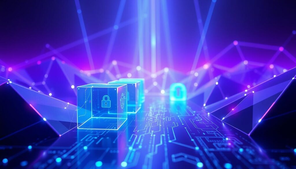 Advanced VPN protocol encryption, with intricate lines and shapes representing secure data transmission. Glowing neon cubes and geometric patterns in shades of blue and purple, illuminating a dark, futuristic landscape. Ethereal rays of light pierce through the layers, creating a sense of depth and technological complexity. Sleek, metallic surfaces reflect the encrypted data flow, while subtle holographic elements add to the immersive, high-tech atmosphere. Precise camera angles and dramatic lighting emphasize the advanced, cutting-edge nature of the VPN technology.