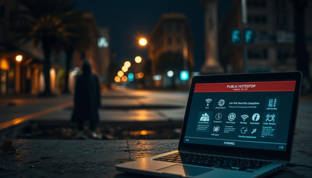 An abandoned public Wi-Fi hotspot, its blinking router casting an eerie glow amidst the shadowy surroundings. In the foreground, a laptop screen displays a barrage of warning icons, signaling the risks of unsecured connections - data theft, identity compromise, and malware infiltration. The middle ground reveals a cloaked figure lurking nearby, their malicious intent palpable. The background is a blur of urban decay, streetlights casting a sickly pallor over the scene, emphasizing the vulnerability of the public network. Moody lighting and a sense of tension pervade the composition, driving home the message of the dangers that lie in wait for the unwary user of public Wi-Fi.