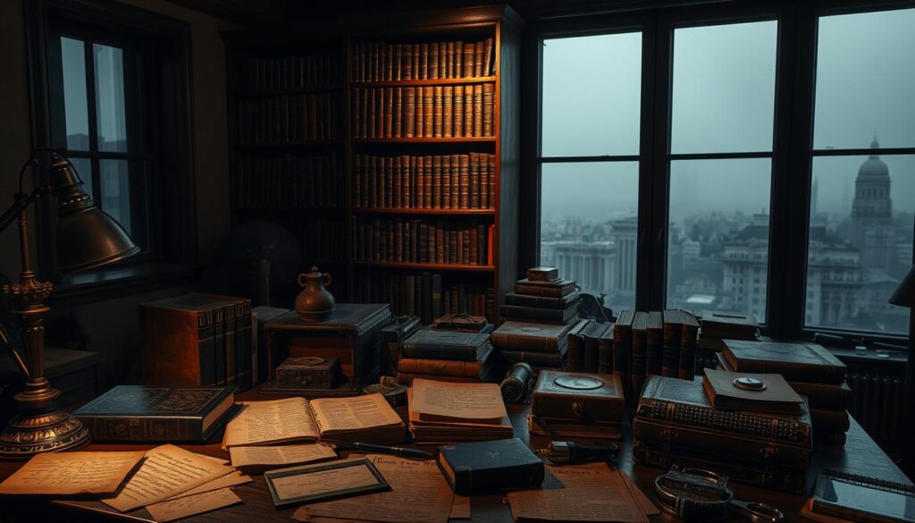 An array of historical encryption tools, meticulously crafted and displayed in a dimly lit study. In the foreground, a desktop covered in antique ciphers, letters, and codebooks, bathed in the warm glow of a desk lamp. In the middle ground, a towering bookshelf filled with leather-bound volumes on cryptography and secret communication, casting shadows across the scene. In the background, a window overlooking a moody, fog-shrouded cityscape, hinting at the evolving nature of information security throughout the ages. The overall atmosphere is one of reverence and intrigue, inviting the viewer to explore the rich history of protecting digital assets.