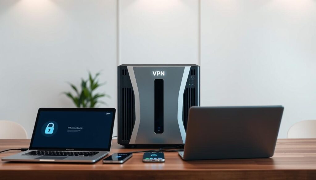 An elegant and functional VPN server rests at the center, surrounded by various client devices effortlessly connecting to it. The server's sleek casing and blinking lights convey a sense of reliability and high-performance. In the foreground, a laptop, smartphone, and tablet seamlessly interface with the server, their screens depicting secure VPN connections. The background showcases a serene, minimalist office environment, with clean lines and subtle lighting that complements the sophisticated VPN setup. The overall scene exudes a feeling of secure, hassle-free internet access, perfectly aligning with the article's subject and section title.