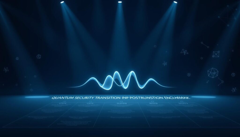 Secure Your Data with Post-Quantum Encryption 6 An expansive, holistic view of a "Quantum Security Transition Roadmap" unfolds before the viewer. In the foreground, a clean, minimalist schematic diagram outlines the key steps and milestones for migrating to post-quantum encryption. The midground features a trio of ethereal, glowing quantum mechanical waveforms, symbolizing the underlying quantum principles at play. The background is awash in a deep, contemplative navy blue, peppered with delicate, luminescent quantum entanglement diagrams. Beams of soft, indirect lighting cast a serene, authoritative atmosphere, inviting the viewer to ponder the gravity and importance of this critical technological transition.