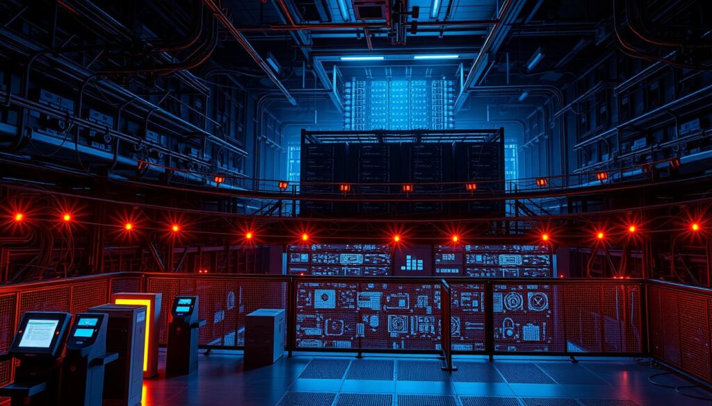 An intricate network of concentric security barriers, each layer fortified with advanced controls. In the foreground, a series of biometric scanners and access card readers guard the entryway, casting a warm glow. The middle ground features a complex matrix of firewalls, intrusion detection systems, and encrypted data channels, illuminated by the soft blue hues of digital security. In the distant background, a towering fortress of servers and storage arrays, protected by redundant power sources and environmental monitoring systems, casts an authoritative shadow over the scene. The composition conveys a sense of depth, strength, and unwavering vigilance, crucial in safeguarding the critical infrastructure. An intricate network of concentric security barriers, each layer fortified with advanced controls. In the foreground, a series of biometric scanners and access card readers guard the entryway, casting a warm glow. The middle ground features a complex matrix of firewalls, intrusion detection systems, and encrypted data channels, illuminated by the soft blue hues of digital security. In the distant background, a towering fortress of servers and storage arrays, protected by redundant power sources and environmental monitoring systems, casts an authoritative shadow over the scene. The composition conveys a sense of depth, strength, and unwavering vigilance, crucial in safeguarding the critical infrastructure.