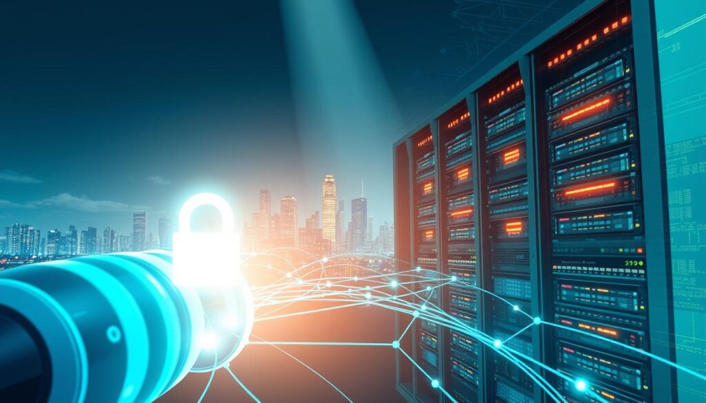 Detailed digital illustration of an enterprise network security encryption system. In the foreground, a secure virtual private network (VPN) tunnel connects multiple devices, their data streams encrypted with advanced protocols. In the middle ground, a server rack showcases intricate cybersecurity hardware, blinking lights and cooling fans. The background features a cityscape skyline, conveying the global reach and scale of the network. Soft blue and green tones create a technical, futuristic atmosphere. Dramatic lighting from above casts long shadows, emphasizing the complex, layered nature of enterprise-grade network protection.