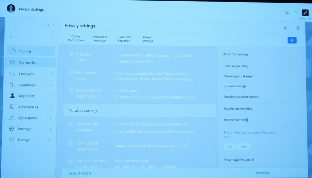 Discover How a VPN Helps Manage Your Digital Footprint 6 Detailed digital interface displaying a comprehensive social media privacy settings dashboard. The foreground showcases various controls and toggles for managing account visibility, content sharing, and personal data protection. The middle ground features clear icons and intuitive user interface elements. The background subtly implies a sense of digital security, with geometric patterns and a muted color scheme conveying a feeling of privacy and control. Soft, even lighting illuminates the scene, emphasizing the clarity and usability of the settings interface. The overall composition conveys a sense of empowerment and mastery over one's online presence.