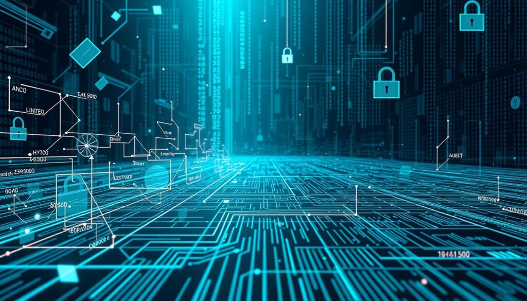 Detailed illustration of various encryption methods, featuring a spectrum of geometric shapes and abstract patterns in a digital, high-tech environment. Foreground showcases different encryption algorithms and protocols, such as symmetric and asymmetric keys, hashing techniques, and cryptographic ciphers, all rendered in a sleek, minimalist style. Middle ground depicts the flow of encrypted data through secure communication channels, with lines, arrows, and data streams pulsing with energy. Background immerses the viewer in a futuristic landscape of binary codes, circuit boards, and digital matrices, conveying the complex, ever-evolving nature of data protection. Rendered in a cool, muted color palette with strong contrast, dramatic lighting, and a sense of depth and perspective to create a visually striking, technically precise image.