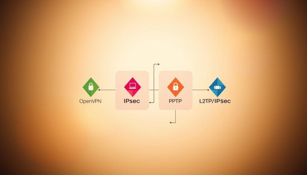 Private Internet Access: Safeguard Your Online Privacy 4 Detailed technical diagram depicting various VPN encryption protocols, including OpenVPN, IPsec, PPTP, and L2TP/IPsec. Showcased against a softly-lit, gradient background. The protocols are illustrated as colorful, abstract geometric shapes that convey their distinctive properties and capabilities. Sleek, minimalist design with a focus on information density and visual clarity. Warm, muted color palette evokes a sense of security and privacy. Subtle lens flare and depth-of-field blur add depth and atmosphere. The overall aesthetic is clean, professional, and tailored to the "Privacy and Security Features" section of the article.