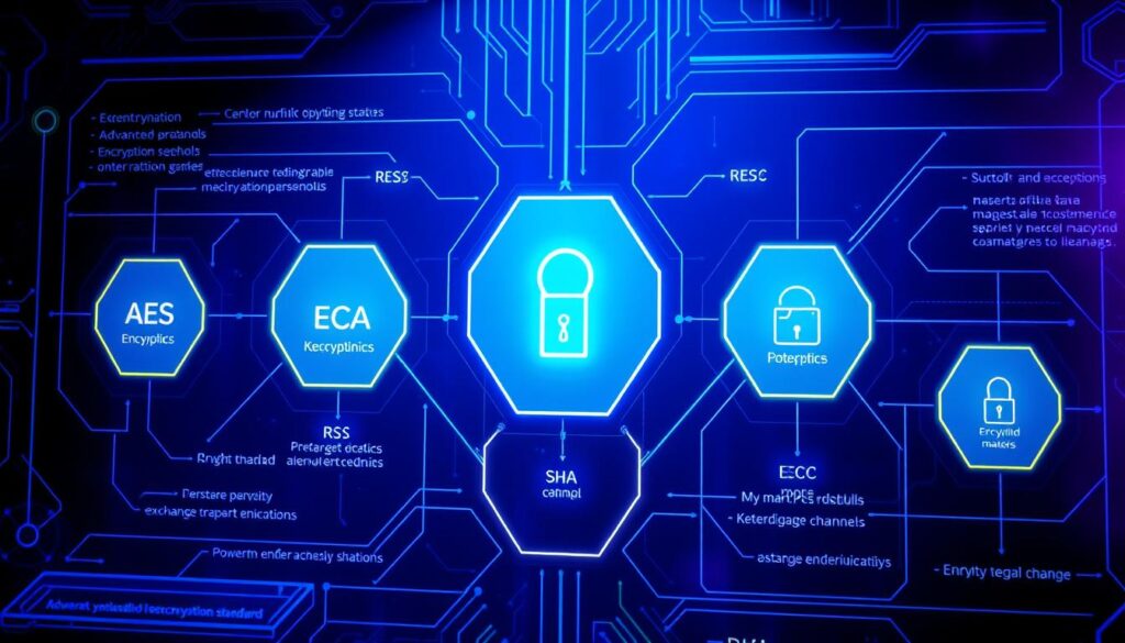 Detailed technical diagram showcasing various advanced encryption algorithms and standards. Sleek, futuristic user interface with glowing hexagonal elements representing encryption protocols like AES, RSA, ECC, SHA, and more. Vibrant blue and purple hues with dramatic lighting casting long shadows, creating a high-tech, cybersecurity atmosphere. Precise, technical illustrations of cryptographic primitives, key exchange mechanisms, and secure communication channels. Clean, minimalist design with a focus on the beauty and complexity of modern encryption techniques.