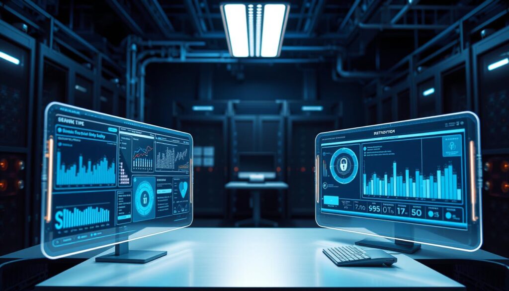 Digital data security and privacy monitoring tools, depicted in a sleek, futuristic style. In the foreground, a series of holographic interface panels display real-time metrics and analytics, with elegant data visualizations. The middle ground features a minimalist, high-tech workstation, with ergonomic hardware and a clean, uncluttered layout. The background is a dimly lit, techno-industrial environment, with glimpses of advanced computational hardware and server racks. The lighting is cool and blue-toned, creating a sense of technological sophistication and data-driven control. The overall atmosphere conveys the power and importance of digital identity protection in the modern, interconnected world.