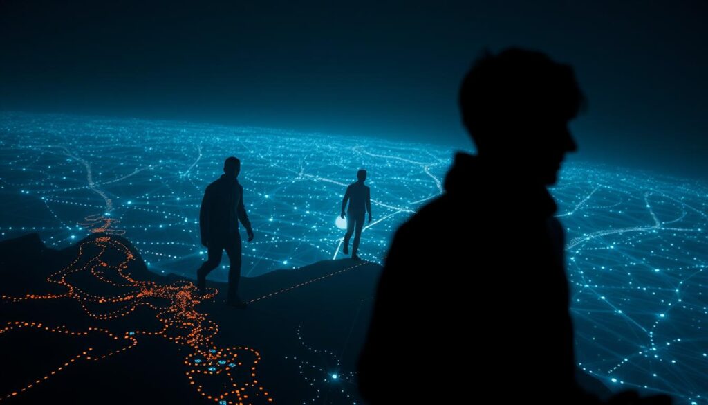 Discover How a VPN Helps Manage Your Digital Footprint 1 Dramatic contrast between active and passive digital footprints. In the foreground, an active user navigating a virtual landscape, with glowing trails of data and digital traces left behind. In the middle, a passive, ghostly figure with a faint outline, their digital footprint barely visible. In the background, a vast, ethereal network of interconnected nodes and paths, representing the complex web of online activity. Chiaroscuro lighting casts dramatic shadows, emphasizing the dichotomy between active and passive digital presence. Cinematic camera angle, with a sense of depth and scale to convey the vastness of the digital realm. Moody, atmospheric tone that evokes the significance and impact of one's digital footprint.