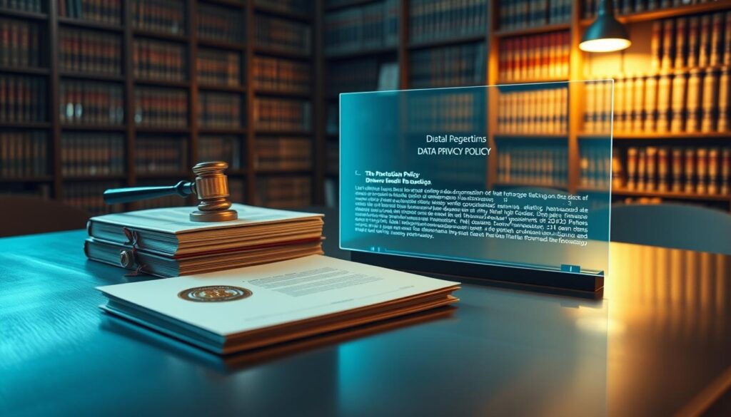 Elegant data protection regulations, displayed on a sleek metal surface bathed in warm, directional lighting. In the foreground, a stack of official documents adorned with formal seals and emblems, symbolizing the legal framework. The midground features a holographic projection of a data privacy policy, its text crisp and legible. In the background, a towering bookshelf filled with legal tomes, conveying the depth and complexity of the regulatory landscape. The scene exudes a sense of authority, stability, and the importance of safeguarding sensitive information. Elegant data protection regulations, displayed on a sleek metal surface bathed in warm, directional lighting. In the foreground, a stack of official documents adorned with formal seals and emblems, symbolizing the legal framework. The midground features a holographic projection of a data privacy policy, its text crisp and legible. In the background, a towering bookshelf filled with legal tomes, conveying the depth and complexity of the regulatory landscape. The scene exudes a sense of authority, stability, and the importance of safeguarding sensitive information.