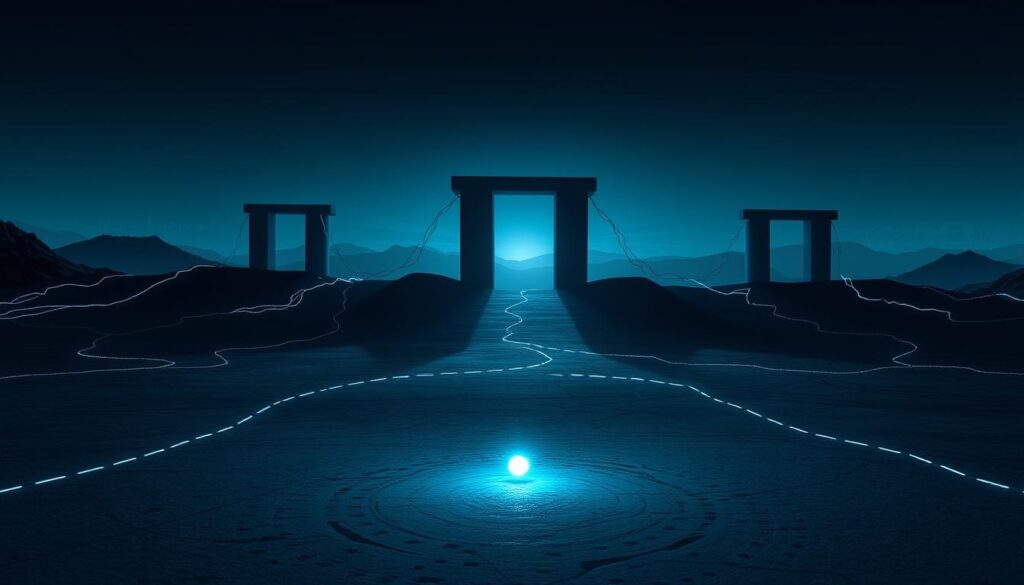 Secure Your Data with Post-Quantum Encryption 2 Ominous quantum gates cast long shadows on a stark landscape, data streams flowing between them like electric veins. In the foreground, a glowing qubit floats, its fragile state vulnerable to the looming threats of quantum hacking and data breaches. The scene is bathed in a cool, technical light, conveying the high-stakes nature of securing information in the quantum age. Subtle hints of the digital world, like binary code or circuit diagrams, subtly blend into the background, emphasizing the pervasive, intricate nature of quantum computing risks.