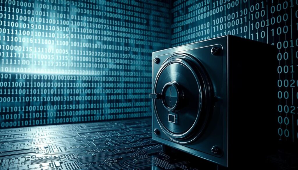 Secure digital assets, a fortress of data encryption. In the foreground, a gleaming metal safe, its impenetrable walls guarding valuable digital files. Surrounding it, a matrix of interconnected circuits, pulsing with the flow of encrypted information. In the background, a serene landscape of binary code, cascading lines of ones and zeros, symbolizing the unbreakable nature of the digital security. Dramatic chiaroscuro lighting casts dramatic shadows, emphasizing the gravity and importance of these protected digital treasures. Captured with a wide-angle lens to convey the scale and grandeur of this secure digital domain.