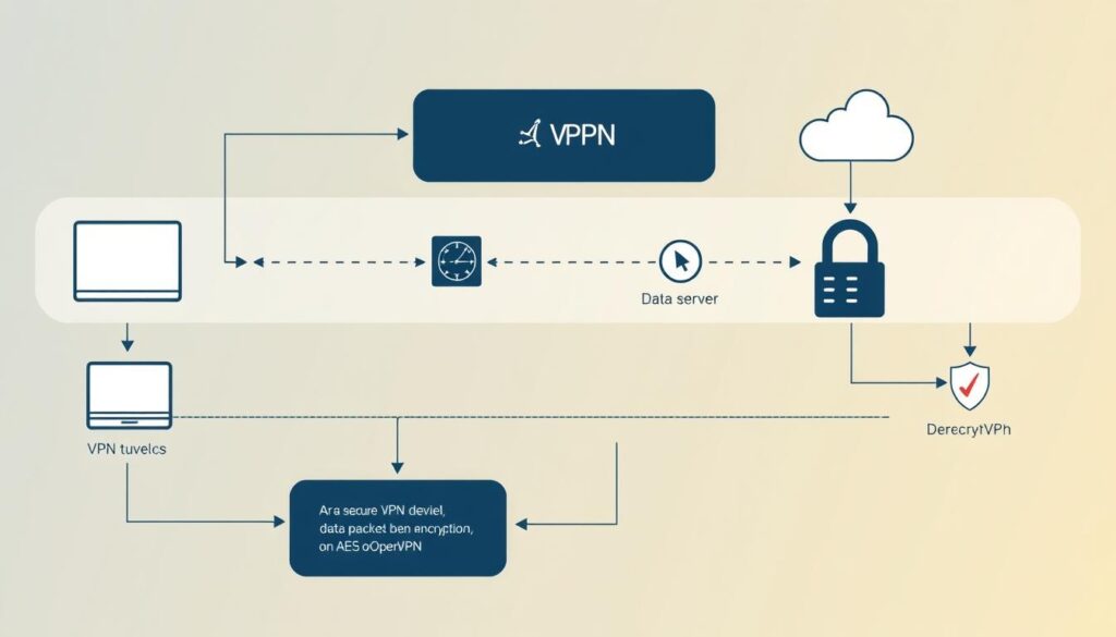 a detailed schematic diagram depicting the encryption process of a virtual private network (VPN), with a focus on illustrating the key steps involved. the diagram should feature clean, technical-looking lines and symbols to represent the VPN encryption flow, including the following elements: a secure VPN tunnel, a client device, a VPN server, data packets being encrypted and decrypted, and secure encryption algorithms such as AES or OpenVPN. the diagram should have a minimal, industrial-style aesthetic with muted colors like blues, grays, and blacks to convey a sense of technical sophistication. the overall composition should be well-balanced and easy to visually follow, guiding the viewer through the VPN encryption process step-by-step.
