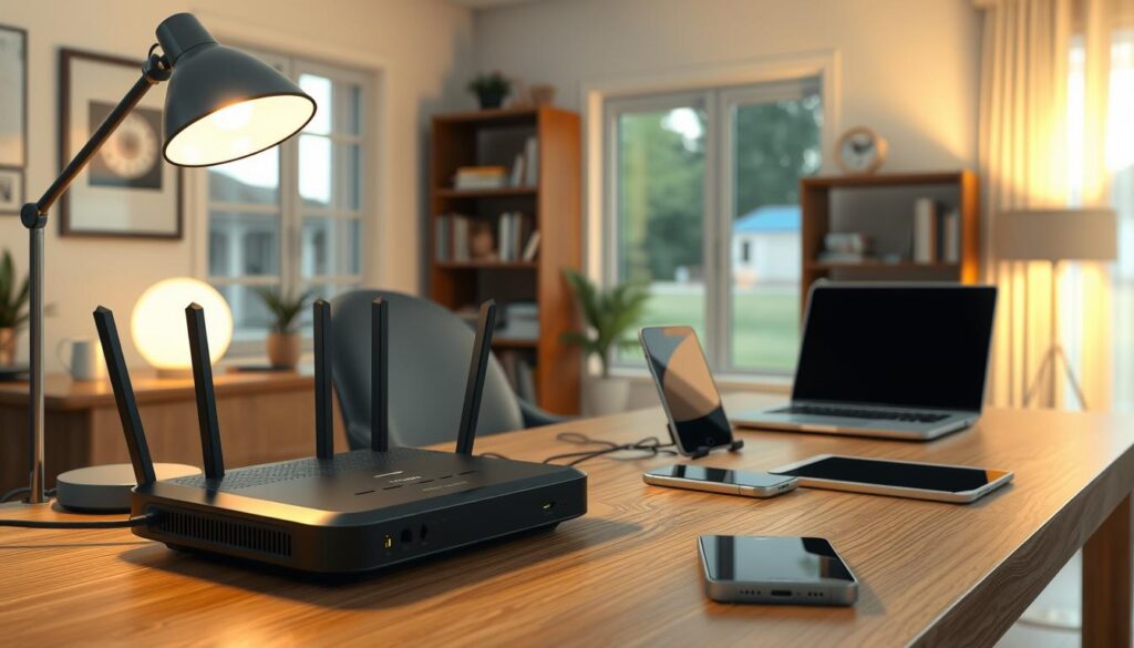 Do You Really Need a VPN for Online Security? 4 a highly detailed, 3D-rendered, photorealistic digital illustration of a home network security setup featuring a virtual private network (VPN) router connected to multiple devices in a home office environment. The scene is illuminated by soft, warm lighting from a desk lamp, casting subtle shadows and highlights on the surfaces. The VPN router is prominently displayed in the foreground, showcasing its sleek, modern design with indicator lights and connection ports. In the middle ground, various devices such as a laptop, smartphone, and tablet are shown seamlessly connected to the VPN network, highlighting the secure and private data transmission. The background features a minimalist, clutter-free home office décor with a wooden desk, bookshelves, and a large window providing a view of a peaceful, suburban neighborhood. The overall mood is one of reassurance, security, and technological sophistication.