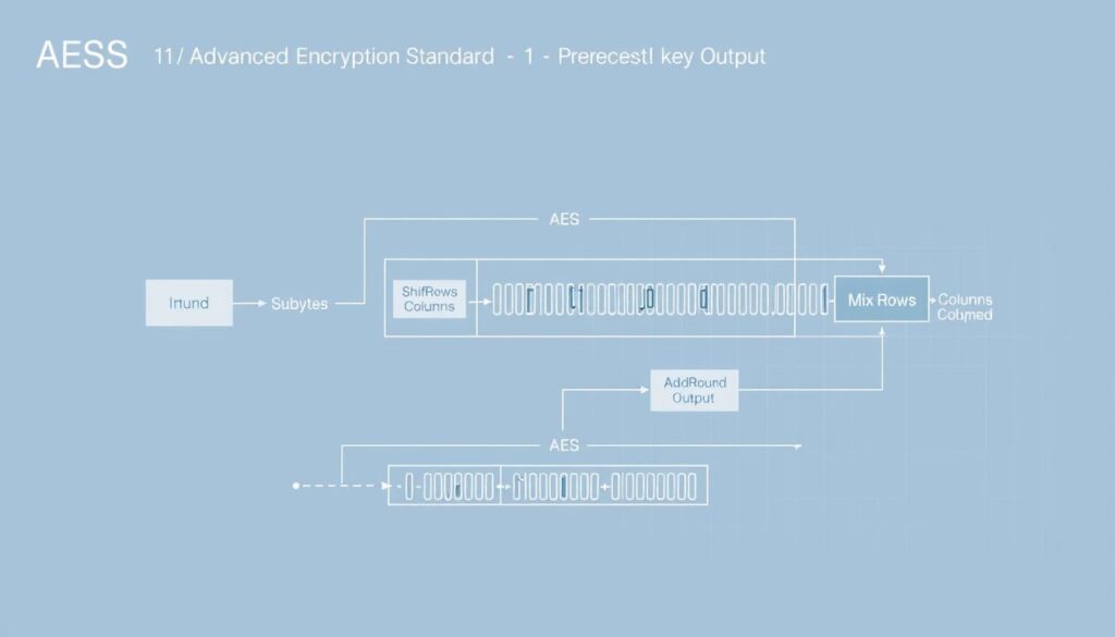 Mastering Encryption: Safeguard Your Online Privacy 3 a highly detailed and technical diagram of the Advanced Encryption Standard (AES) algorithm, showcasing its core components and internal structure. The diagram should be rendered with a clean, minimalist aesthetic, using a muted color palette of blues, grays, and whites to convey a sense of sophistication and functionality. The foreground should feature the AES encryption process, including the initial key expansion, the round transformations (SubBytes, ShiftRows, MixColumns, AddRoundKey), and the final output. The middle ground should depict the overall AES architecture, with clear visualizations of the input, output, and key scheduling mechanisms. The background should feature a subtle grid or wireframe pattern, reinforcing the mathematical and computational nature of the encryption scheme. The entire diagram should be rendered with precise, engineering-inspired linework and attention to detail, creating a visually compelling and informative illustration of this essential cryptographic standard.