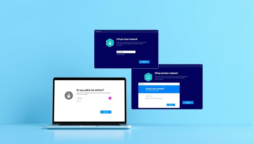 high-quality 3D illustration of a virtual private network VPN software installation process, showing a laptop or desktop computer screen with multiple windows and dialog boxes representing different stages of the VPN setup, with a clean, modern, minimalist aesthetic, excellent lighting and camera angles to clearly showcase the installation workflow, digital art style with a focus on technical details and user experience, subtle use of brand colors and logos to establish context without being overly promotional