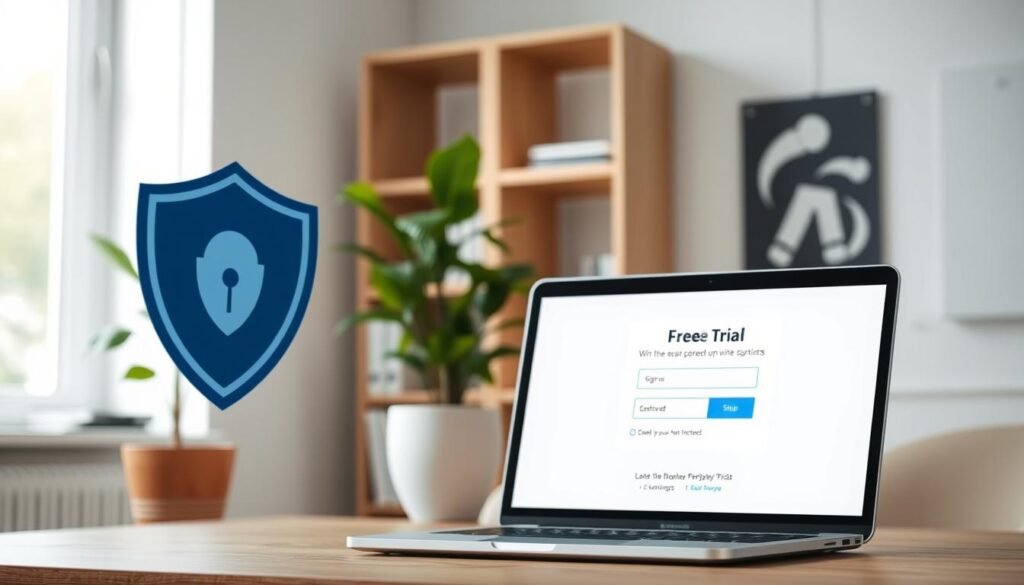 A VPN service logo prominently displayed in the foreground, with a laptop screen in the middle ground showcasing a free trial signup page. The background features a minimalist office setting with a bookshelf, potted plant, and natural lighting streaming through a window, creating a professional and informative atmosphere. The overall composition should convey the concept of exploring and evaluating VPN free trial options in a clean, visually engaging manner.