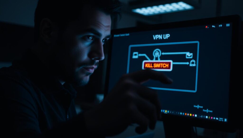 How to configure VPN kill switch on router level? 1 A dark, dimly lit office room, the glow of a computer screen illuminating the face of a network administrator. On the screen, a diagram of a VPN connection, with a prominent "KILL SWITCH" button displayed prominently. The administrator's hand hovers over the button, ready to sever the VPN link in the event of a network disruption. The atmosphere is tense, with a sense of urgency and the weight of responsibility conveyed through the character's intense expression and the stark lighting. The background is blurred, drawing the viewer's focus to the key elements of the VPN kill switch interface.