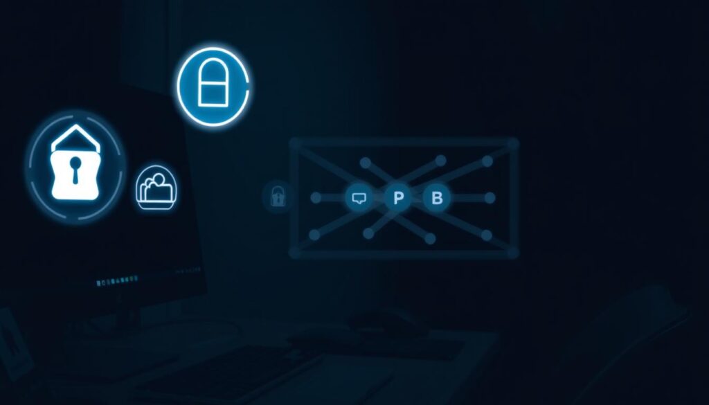 A darkened room, a desktop computer illuminated by the soft glow of its monitor. Sleek VPN icons and performance graphs hover in the foreground, casting an ethereal light. In the middle ground, a network diagram unfolds, depicting secure connections and optimized data flows. The background subtly fades into a deeper darkness, conveying the importance of privacy and security. The scene is captured with a shallow depth of field, drawing the viewer's attention to the critical details of VPN performance optimization.