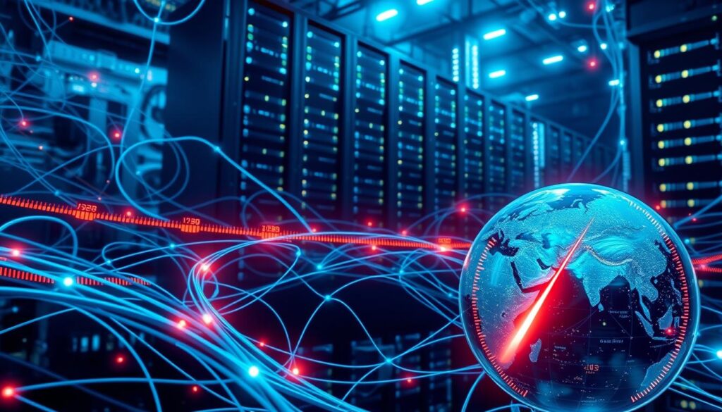 Why does my VPN speed change when I switch server locations? 1 A digital landscape of shifting VPN connections, with variable internet speed indicators pulsing across the scene. A dynamic network of winding cables and nodes, illuminated by a cool, futuristic glow. In the foreground, a spinning globe symbolizes the global reach of the VPN, while in the background, a towering data center looms, its servers flickering with activity. The overall composition conveys the technical complexity and unpredictability of VPN speed, inviting the viewer to explore the nuances of this crucial internet infrastructure.