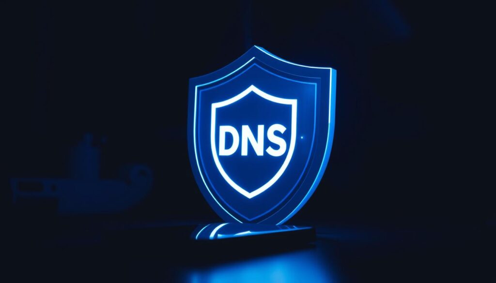 A digital security shield with a DNS symbol at its center, casting a protective glow over a mobile device. The shield is rendered in shades of blue and gray, with a sleek, high-tech aesthetic. The mobile device is depicted in the foreground, partially obscured by the shield, conveying the sense of safeguarding digital privacy. The background is a dimly lit, atmospheric environment, creating a sense of importance and seriousness surrounding the task of preventing DNS leaks on mobile devices.