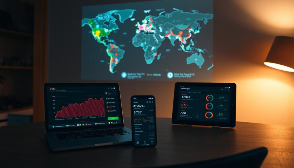 A dimly lit modern office interior, with a desk and chair in the foreground. On the desk, a laptop displays a graph showing VPN connection speed metrics, such as download/upload rates, latency, and jitter. In the middle ground, a smartphone and a tablet are placed, each showing different VPN speed test results. The background features a world map projected on the wall, with colorful data visualizations highlighting the geographic factors influencing VPN performance, such as server locations, network infrastructure, and user proximity. Soft, warm lighting creates a contemplative atmosphere, as the scene conveys the complex factors that shape VPN and internet speeds.