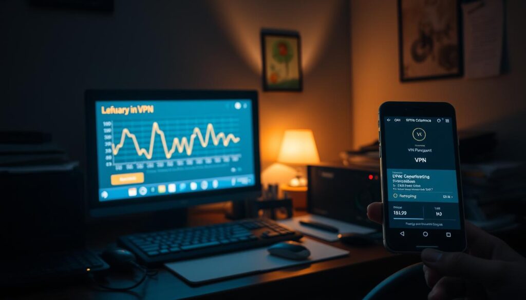 A dimly lit office with a cluttered desk, an outdated desktop computer, and a smartphone connected to a VPN app. The desktop screen displays a performance graph with fluctuating lines, indicating the VPN's impact on the legacy device's network speeds. Soft, warm lighting casts subtle shadows, creating a sense of age and worn-in technology. The smartphone's screen shows a VPN status screen, with connection details and performance metrics. The overall scene conveys the challenges of using a modern VPN service on an older, less capable device.