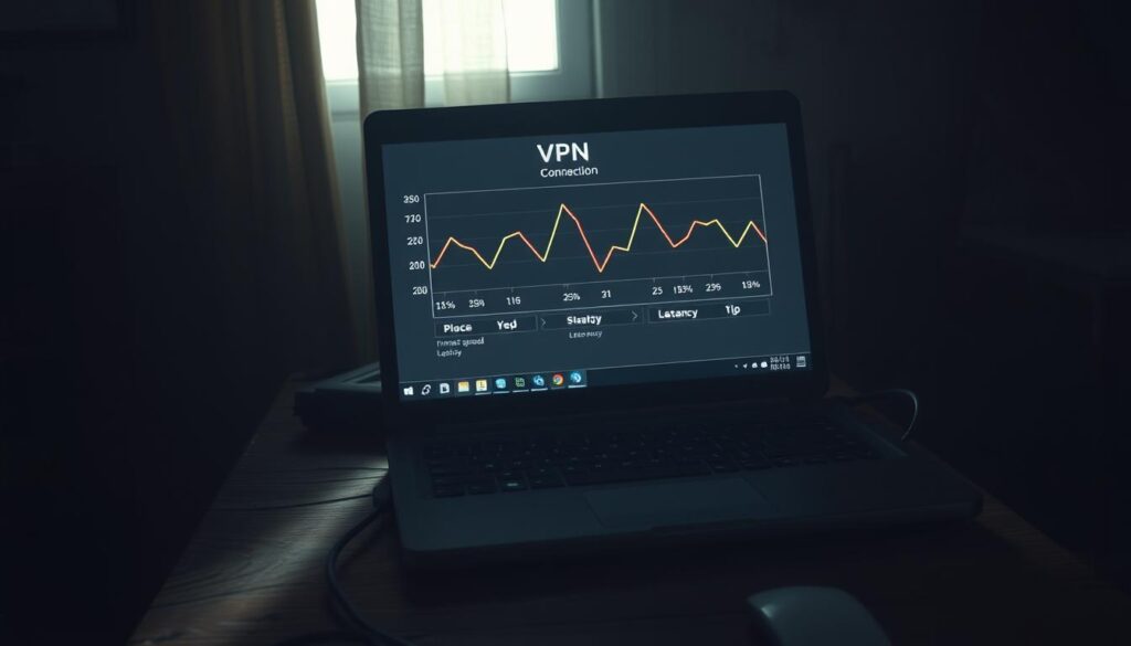 A dimly lit room, an older laptop resting on a cluttered desk. The screen displays a VPN connection, with a graph showing fluctuating internet speed and latency. The scene is illuminated by the soft glow of the laptop's display, casting shadows across the worn, wooden surface. The atmosphere is one of frustration and uncertainty, as the user struggles to maintain a stable connection on their aging device. The prompt should capture this sense of struggle and the challenges faced by those relying on older hardware to access the benefits of a VPN. Prompt A dimly lit room, an older laptop resting on a cluttered desk. The laptop screen displays a VPN connection, with a graph showing variable internet speed and latency. Soft glow from the display casts shadows across the worn, wooden surface, creating an atmosphere of frustration and uncertainty as the user struggles to maintain a stable connection on their aging device.