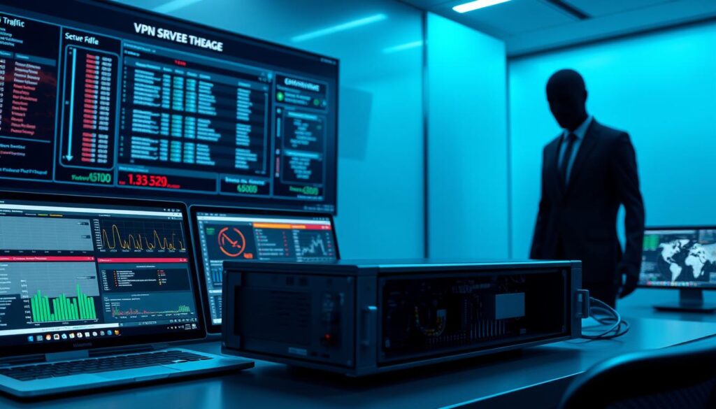A government agency's digital surveillance operations, with a focus on monitoring VPN usage. In the foreground, a sleek, high-tech workstation displays a dashboard of encrypted network traffic, interspersed with data visualizations. The middle ground features a 3D model of a secure VPN server, its inner workings exposed. In the background, a looming, faceless silhouette symbolizes the omnipresent gaze of the state, casting an ominous shadow over the scene. The lighting is cool and clinical, conveying the clinical, detached nature of the surveillance. The overall tone is one of unease and encroachment on individual privacy.