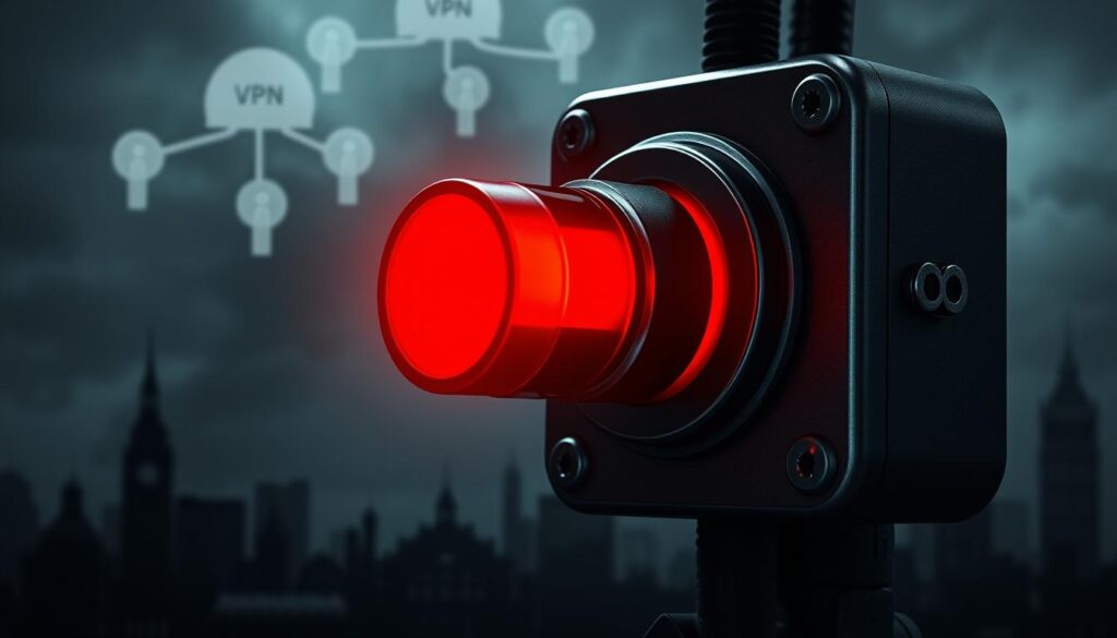 How to configure VPN kill switch on router level? 2 A high-contrast illustration of a digital kill switch, its red indicator glowing against a dark background. In the foreground, the switch's metallic housing is rendered in intricate detail, suggesting a sturdy, reliable design. The middle ground features a network diagram with stylized VPN tunnels, emphasizing the kill switch's role in safeguarding internet connectivity. The background depicts a shadowy, ominous cityscape, conveying the need for robust online security measures. Dramatic lighting and a somber color palette evoke a sense of urgency and importance, underscoring the critical function of a VPN kill switch.