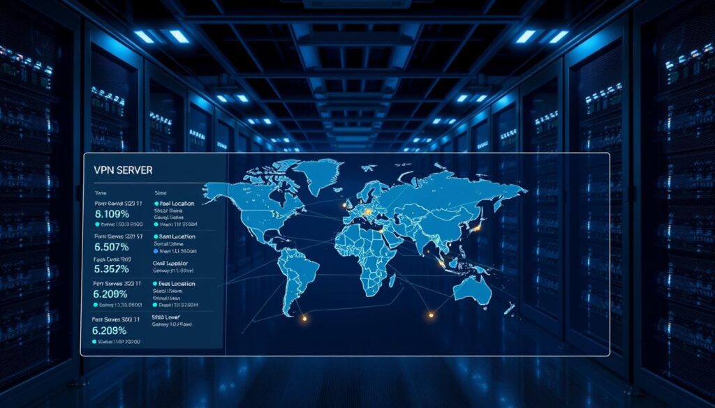 Why does my VPN speed change when I switch server locations? 4 A meticulously detailed digital illustration depicting a VPN server selection interface. The foreground showcases a clean, user-friendly dashboard with an array of server location icons, each displaying real-time connection speeds and latency. The middle ground features a world map, with glowing data routes interconnecting the server locations. In the background, a sleek server rack landscape is illuminated by cool, futuristic lighting, conveying a sense of technological sophistication. The overall mood is one of precision, efficiency, and informed decision-making, perfectly capturing the essence of "Choosing the Right VPN Server for Optimal Speed".