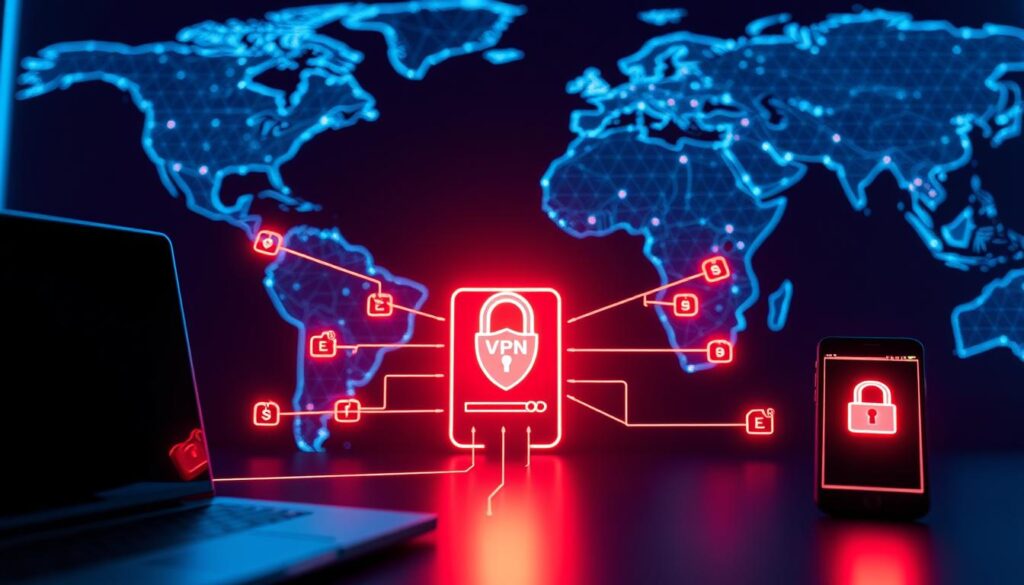Why does my VPN speed change when I switch server locations? 2 A network diagram illustrating VPN encryption and data routing. In the foreground, a laptop and smartphone connected through a secure VPN tunnel, with data packets flowing between them. In the middle ground, the VPN server acting as a secure gateway, surrounded by glowing encryption symbols and data streams. In the background, a global map with pulsing network nodes, visualizing the VPN's worldwide infrastructure. The scene is lit by a cool, neon-like glow, creating a modern, technological atmosphere. The overall composition emphasizes the complexity and importance of VPN technology in safeguarding digital communication.
