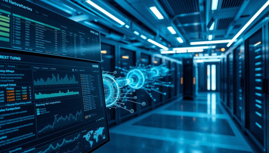 A network hub displaying intricate VPN logs and user data, illuminated by cool-toned lighting. In the foreground, a detailed dashboard showcases various metrics and connection details. The middle ground features a 3D visualization of encrypted data packets flowing through secure tunnels. The background depicts a sleek, futuristic data center with server racks and glowing status indicators. The overall mood is one of technical sophistication, security, and data transparency.